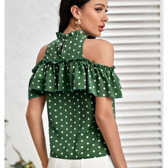 Sale 🎉 NEW!! Size 12 Cold Shoulder Polka Dot Ruffle Trim Blouse in Green - Picture 2 of 3